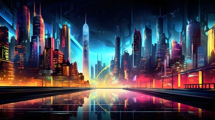 Synth wave city style retro 80's. Futuristic town in neon colors.