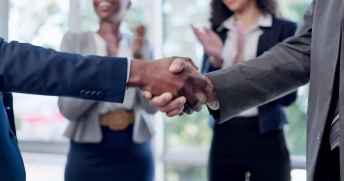 Business people, handshake and meeting for partnership, welcome or b2b with team in applause for hiring at office. Group shaking hands for deal, agreement or introduction in recruiting at workplace