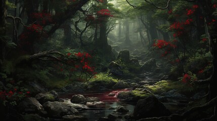  a painting of a stream in a forest with red flowers.  generative ai
