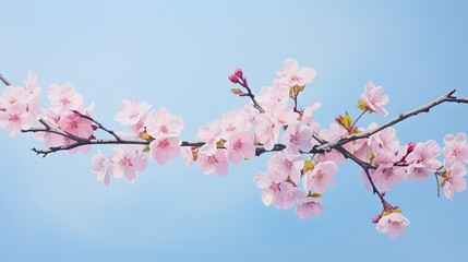  a branch of a tree with pink flowers on it against a blue sky.  generative ai