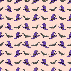 Seamless festive pattern with witch hats and black bats