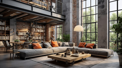 Living room interior in the loft, industrial style. Generative AI