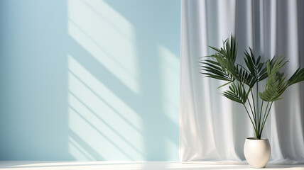 Minimal abstract light blue background with a shadow of tropical leaves and curtains window on the wall. Generative AI
