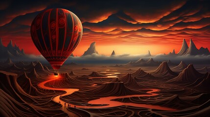  a painting of a hot air balloon flying over a river.  generative ai