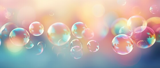 Transparent soap bubble shines in the evening sunset light with, abstract bokeh background. Generative AI.