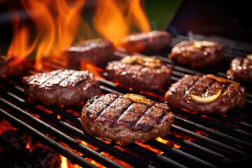 Beef patties on the Charcoal bbq grill machine, Generative ai.