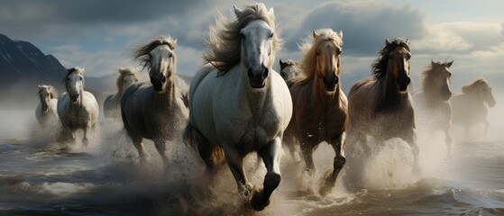 Wild horses in the mountains crossing the shallow water stream. Generative AI.