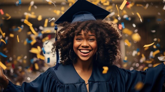 Happy African American girl graduating student celebrating Graduation. School graduation.