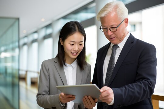 Senior businessman and young Asian woman reviewing data on tablet at office. Multigenerational business colleagues. Elderly male executive and young female employee.