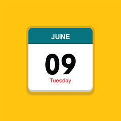 tuesday 09 june icon with yellow background, calender icon