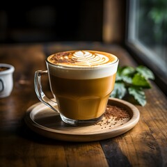 Latte coffee in a clear cup, close up.