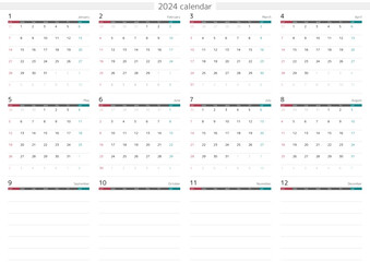 2024年 メモスペースのあるシンプルなカレンダー 12ヶ月一覧　日本の祝祭日対応