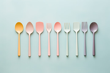 Spoons and forks on a clean background - obrazy, fototapety, plakaty