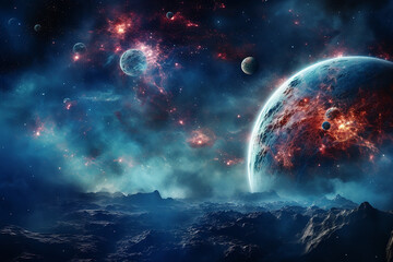 Beautiful Outer Space View with Planets Element and Stars Galaxy Nebula in Blue Sky