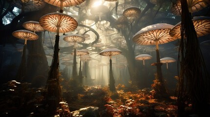  a group of umbrellas that are in the air in a forest.  generative ai
