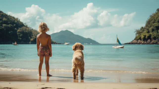 A blonde child and their Labradoodle gaze at the sea, on a white sandy beach in Thailand. The scene is cast in nostalgic, pastel hues. Ideal for pet-friendly experiences. Generative AI