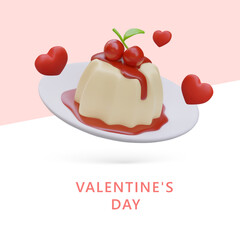 Web poster for Valentine Day. 3d realistic tasty cake with cherry. Muss with jam. Romantic dinner concept. Vector illustration with pink and white background
