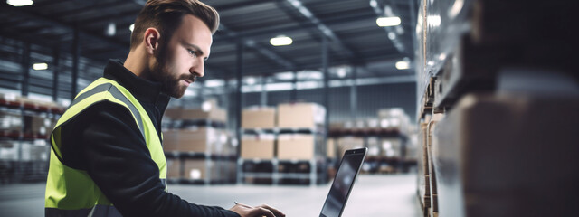Portrait of employee with laptop coordinates delivery in industrial warehouse.Running servers in data center. Generative Ai content.