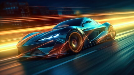 Obraz na płótnie Canvas Futuristic sportcar on neon highway by Generative AI
