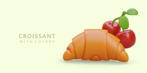 Realistic croissant with cherries. Fresh sweet pastries and berries. Idea of delicious breakfast. Color commercial banner on yellow background. Place for text