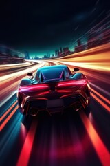 Futuristic sportcar on neon highway by Generative AI