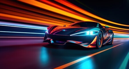 Futuristic sportcar on neon highway by Generative AI