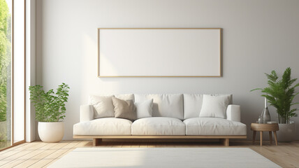 Fototapeta na wymiar Minimalist modern interior background with poster frame mockup. Generative AI