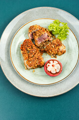 Roasted tuna steak with mangosteens.