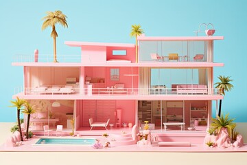 Fancy doll house exterior, children toy, lots of pink plastic, pastel colors, kitchen