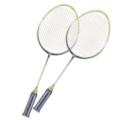 Badminton racket watercolor illustration. Hand drawn and isolated on a white background. Athletic lifestyle, sport design.