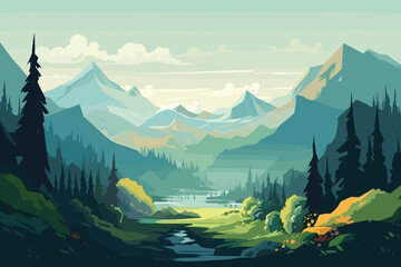 Mountains Minimalistic flat design landscape vector art illustration - obrazy, fototapety, plakaty