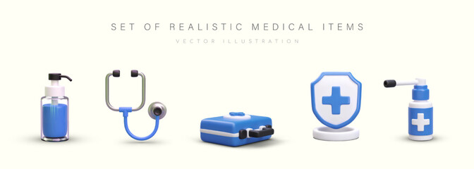 Set of blue medical items. 3D dispenser with antiseptic, stethoscope, first aid kit, medical shield with cross, spray with long nozzle. Treatment, insurance, health care
