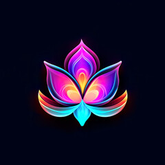 Fototapeta na wymiar Colorful Lotus flower icon logo, glowing on dark background. Generative AI