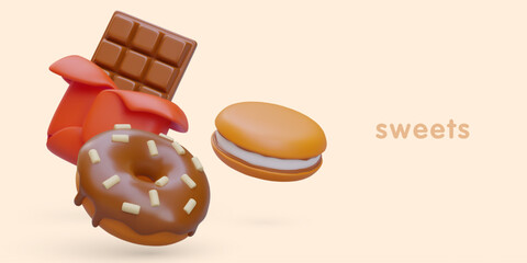 Realistic colored vector sweets. Glazed donut with sprinkles, cookie sandwich, chocolate bar. Sweet fast food. Street desserts. Poster with place for text
