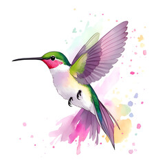 Fototapeta premium Hummingbird in cartoon style. Cute Little Cartoon Hummingbird isolated on white background. Watercolor drawing, hand-drawn Hummingbird in watercolor. For children's books, for cards, 