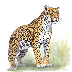 Obraz premium Jaguar in cartoon style. Cute Little Cartoon Jaguar isolated on white background. Watercolor drawing, hand-drawn Jaguar in watercolor. For children's books, for cards, Children's illustration.
