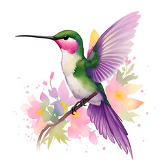 Obraz premium Hummingbird in cartoon style. Cute Little Cartoon Hummingbird isolated on white background. Watercolor drawing, hand-drawn Hummingbird in watercolor. For children's books, for cards, 