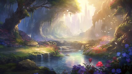  a painting of a forest with flowers and a stream of water.  generative ai