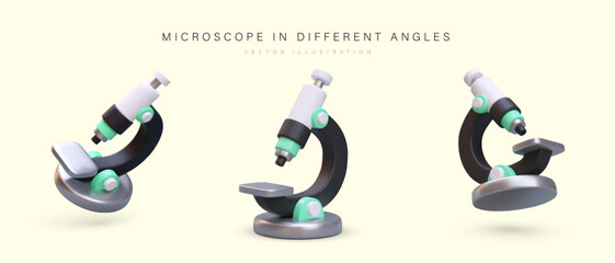 Set of microscopes in different positions. Metal, plastic, glass texture. Laboratory equipment for research. Apparatus for zooming in and enlarging image
