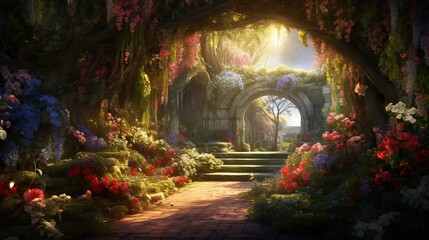  a painting of a garden with steps leading into a tunnel.  generative ai