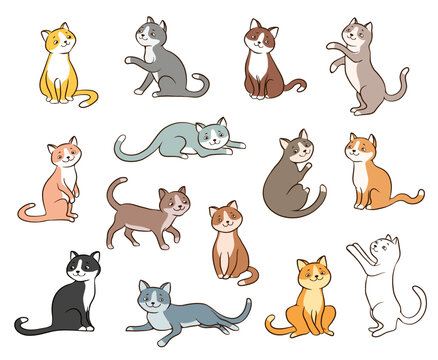 Cartoon little cat in various colors and poses vector illustration. Orange smiling kitten sitting, playing, begging, standing and laying vector drawing set