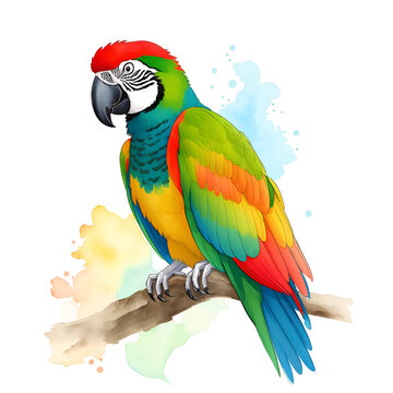 Parrot in cartoon style. Cute Little Cartoon Parrot isolated on white background. Watercolor drawing, hand-drawn Parrot in watercolor. For children's books, for cards, Children's illustration.