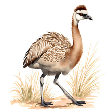 recommend clip art: Emu in cartoon style. Cute Little Cartoon Emu isolated on white background. Watercolor drawing, hand-drawn Emu in watercolor. For children's books, for cards, Children's illustration.