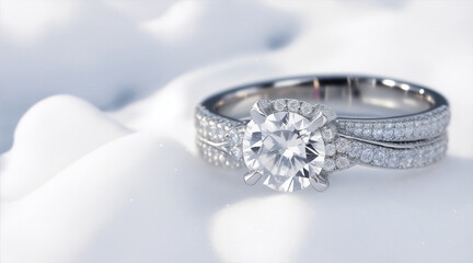 A cool and snowy but elegant love wedding ring photo. Generative AI.