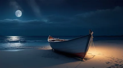 Tuinposter Boat on the beach in the night wallpaper background landscape boating wallpaper with dreamy look. Generative AI. © BornHappy