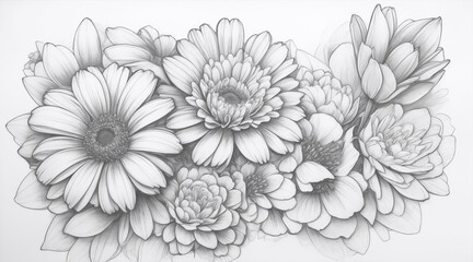 Beautiful decorative flowers in sketch style. Generative AI.