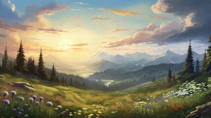  a painting of a beautiful mountain scene with flowers and trees.  generative ai