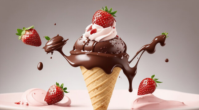 Delicious picture ice cream cone with a chocolate with flying strawberries. Generative AI.