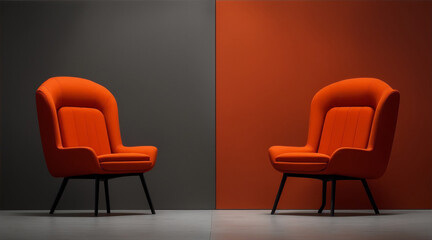 Two orange chairs in an empty room in the style of dark gray and light crimson. Generative AI.