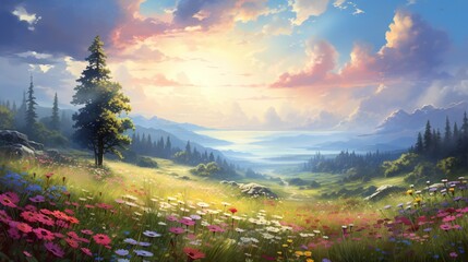  a painting of a beautiful landscape with flowers and trees in the foreground.  generative ai